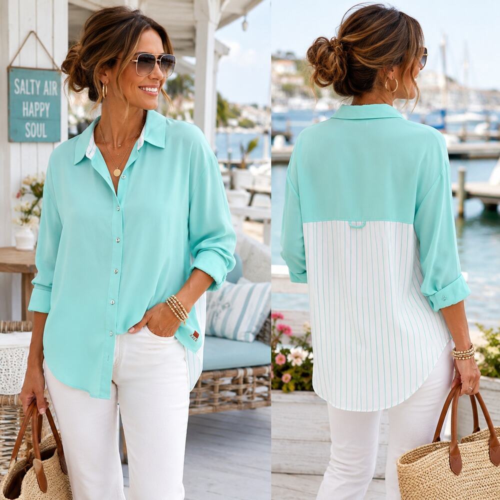 Peace Love World Aqua Hi Low Button Front Blouse Shirt L Coastal Chic Boho NWOT